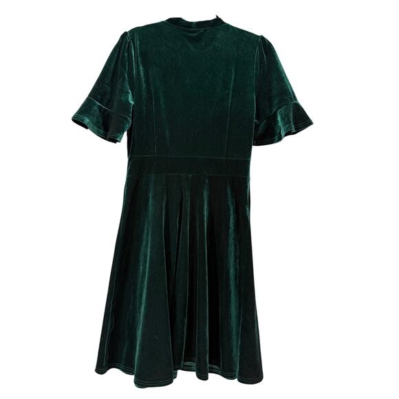 Emerald Green Velvet Tie Neck V-Neck Fit Flare Dress Bell Sleeve L Goth - Picture 2 of 13